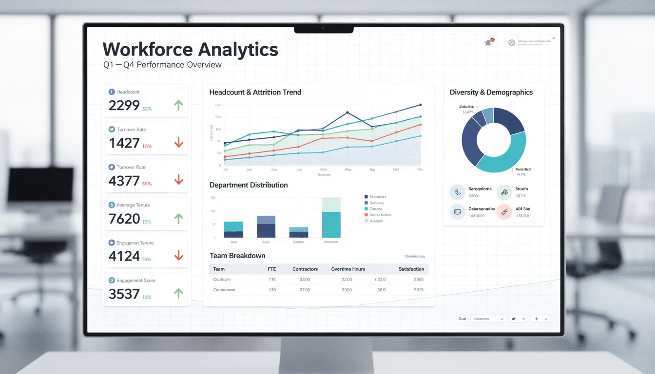 The image depicts a business analytics dashboard showcasing various workforce metrics and trends, highlighting key data points that inform strategic workforce planning. It visually represents insights into current workforce capabilities, future staffing needs, and market demands, aiding business leaders in making informed decisions aligned with their organizational strategy.